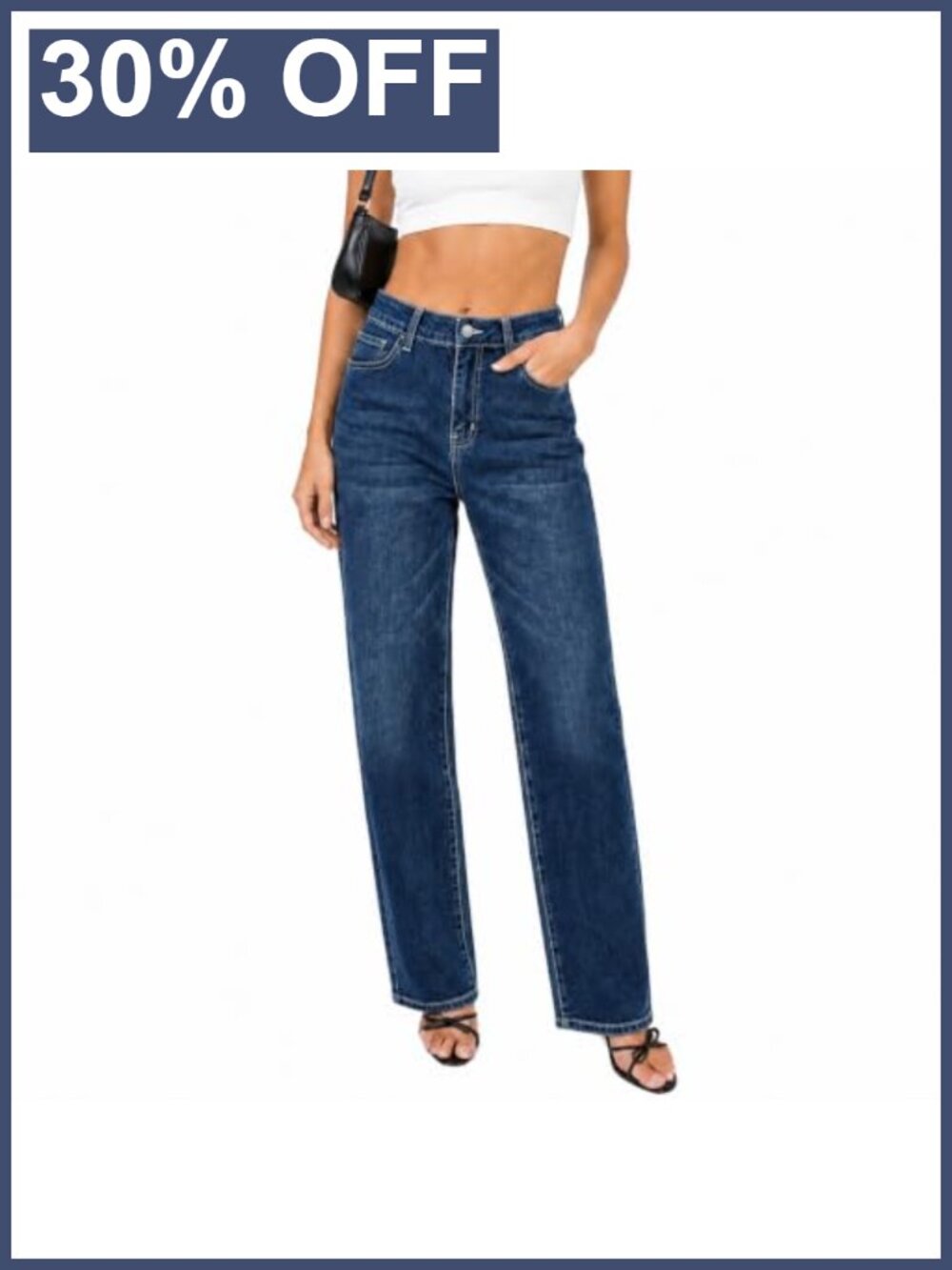 Straight Leg Mid-High Rise Cotton Blend Stretch Jeans